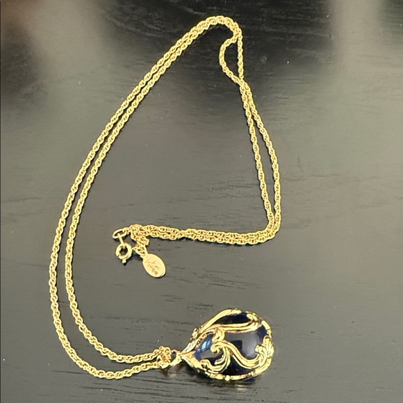Joan Rivers Jewelry - Joan Rivers Necklace Egg Faberge Blue Crystal Gold Pendant Signed Vintage